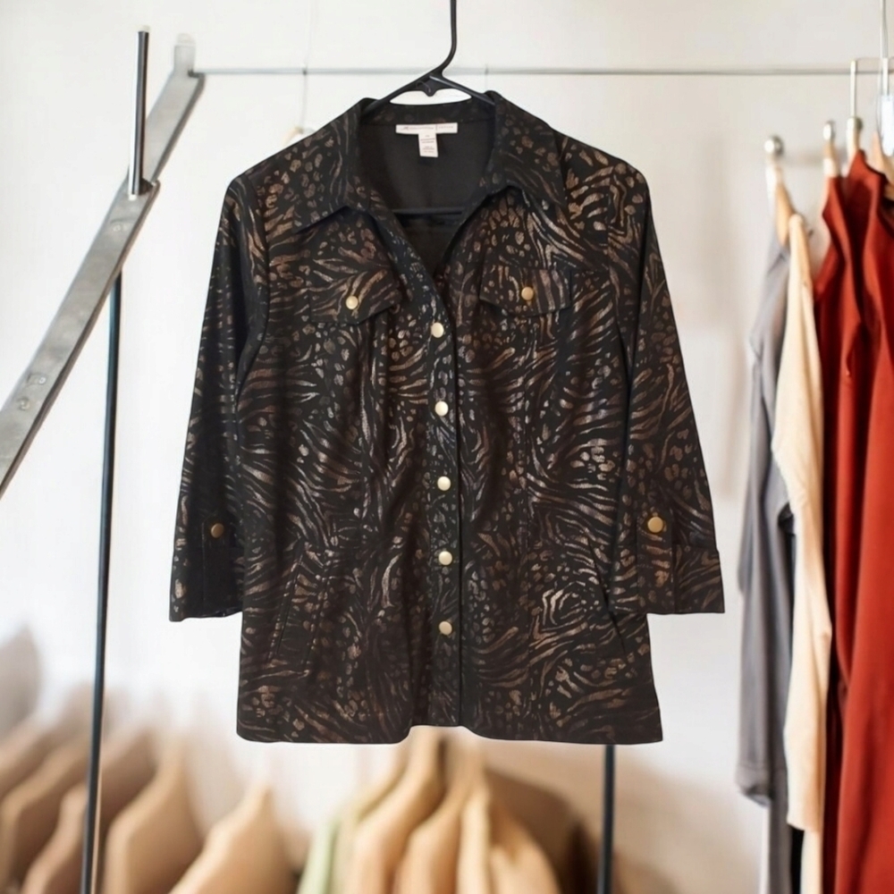 JM COLLECTION  Textured Black Gold Copper Clubwear Career Jacket sz SP
